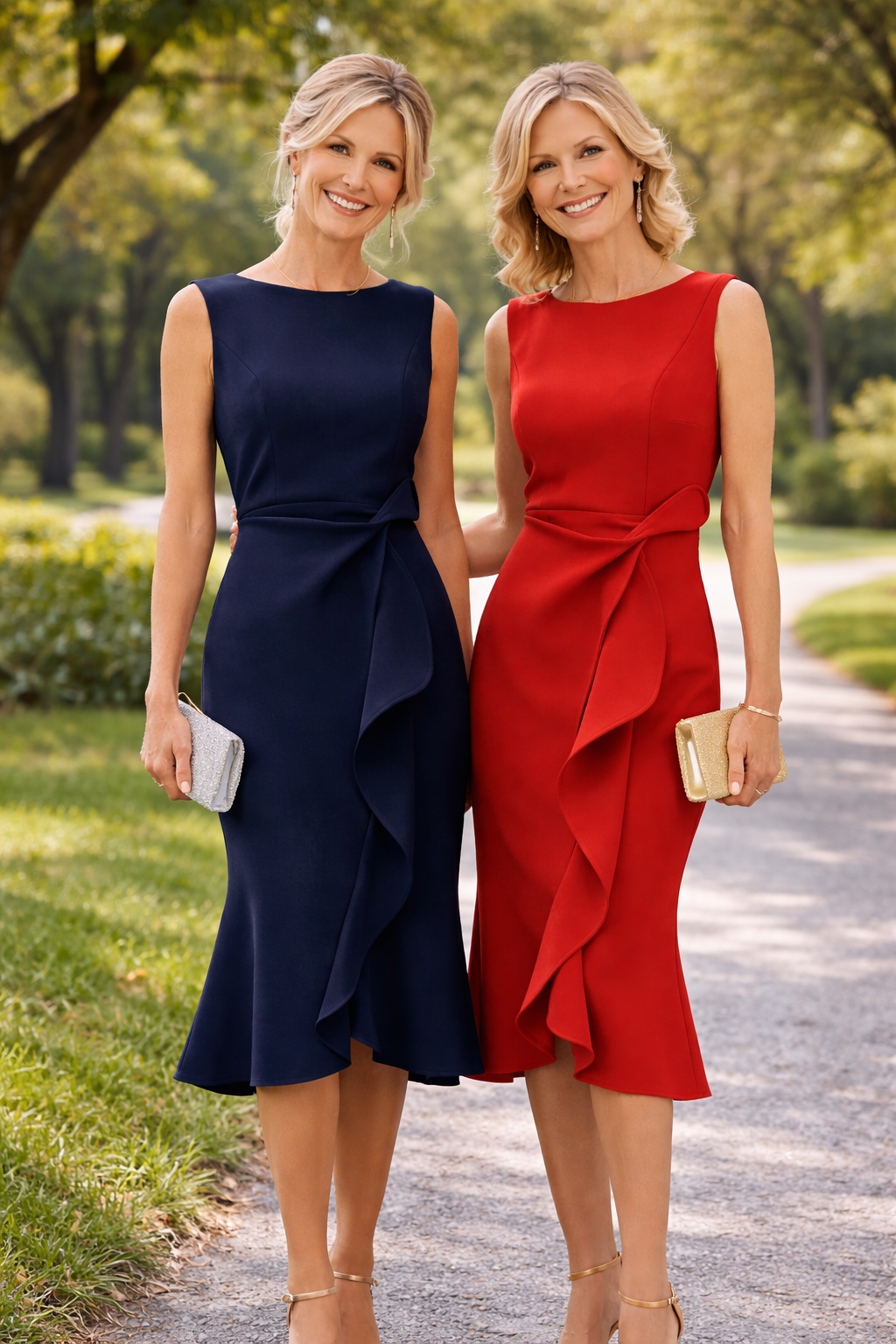 Boat Neck Sleeveless Cascade Ruffle Bodycon Midi Dress 10