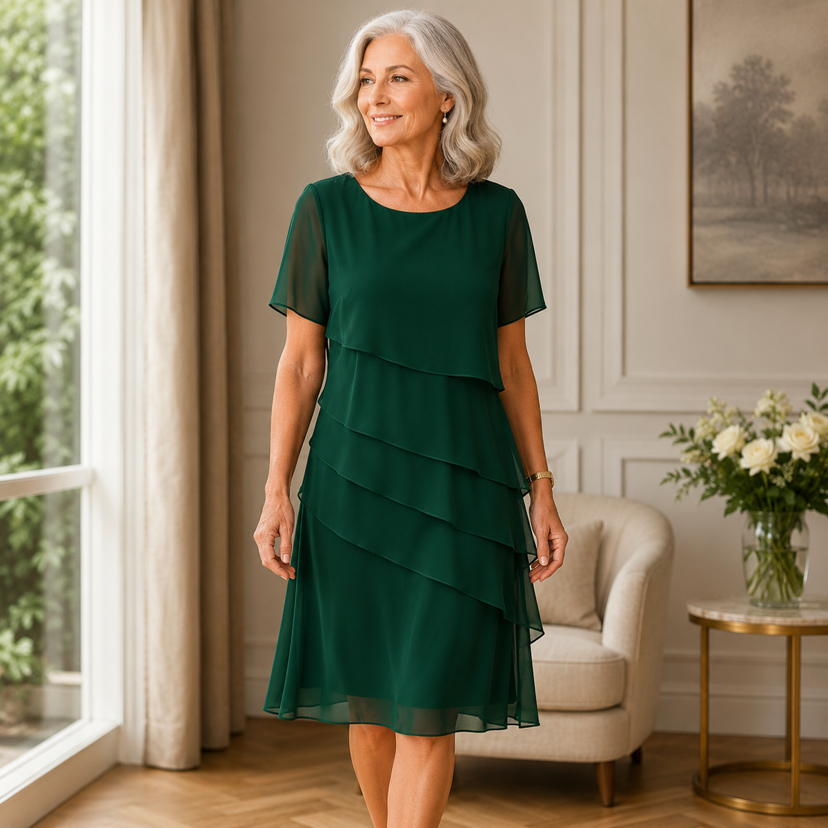 Round Neck Short Sleeve Tiered Layered Chiffon Midi Dress 5