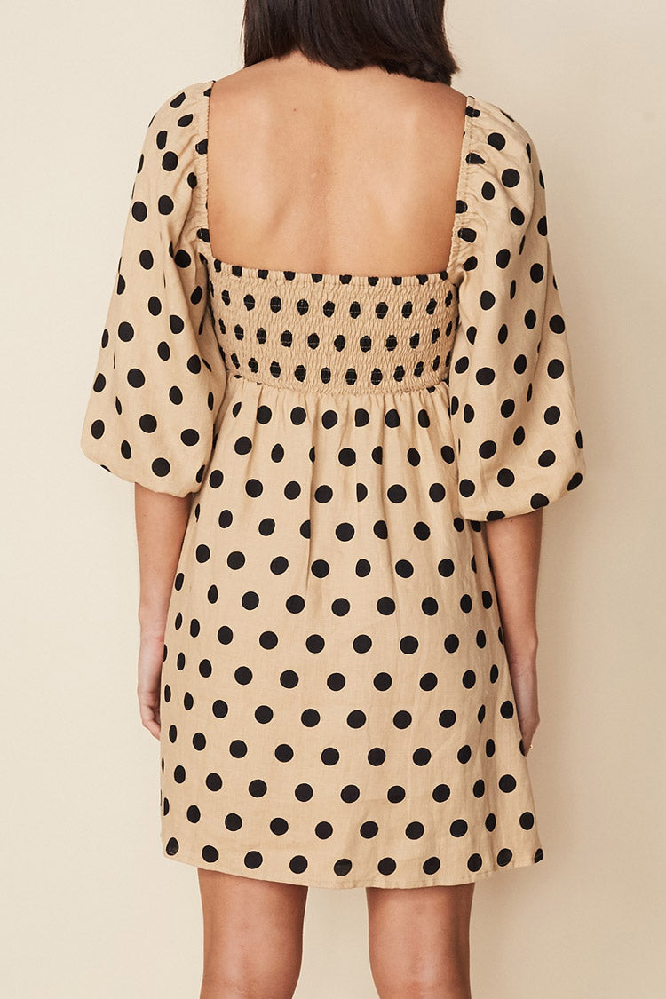 Coffee Square Neck Polka Dot Puff Sleeve Smocked Babydoll Mini Dress