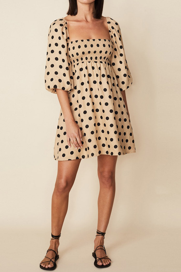 Coffee Square Neck Polka Dot Puff Sleeve Smocked Babydoll Mini Dress