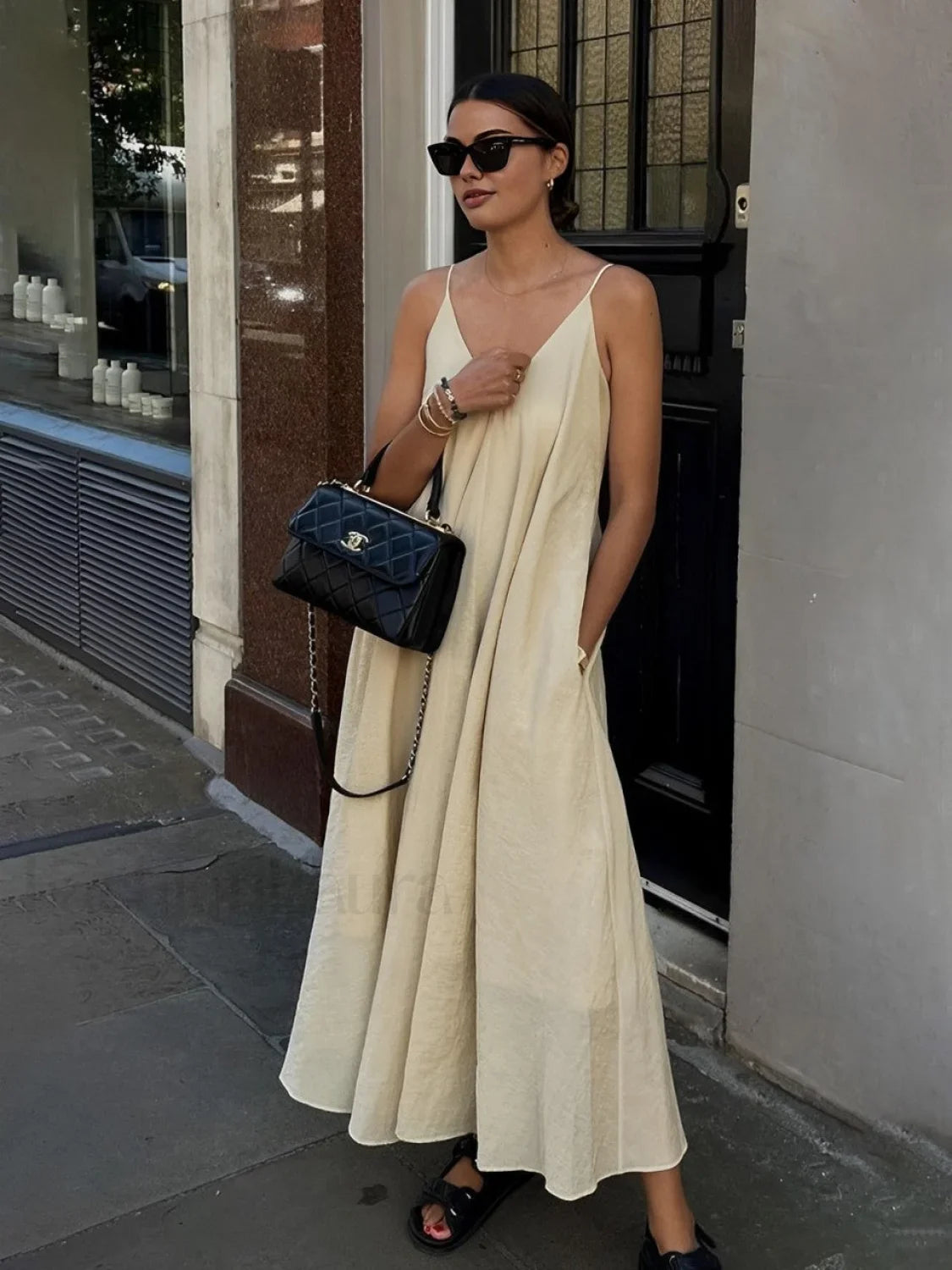 Double Layers V neck Long Dress Apricot / XS Dresses