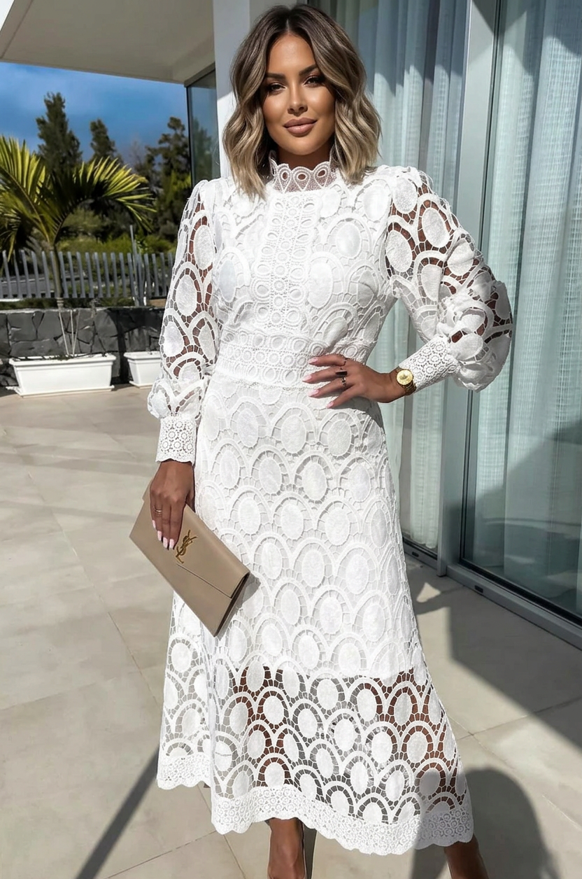 High Neck Crochet Lace Long Puff Sleeve Scalloped A-Line Midi Dress