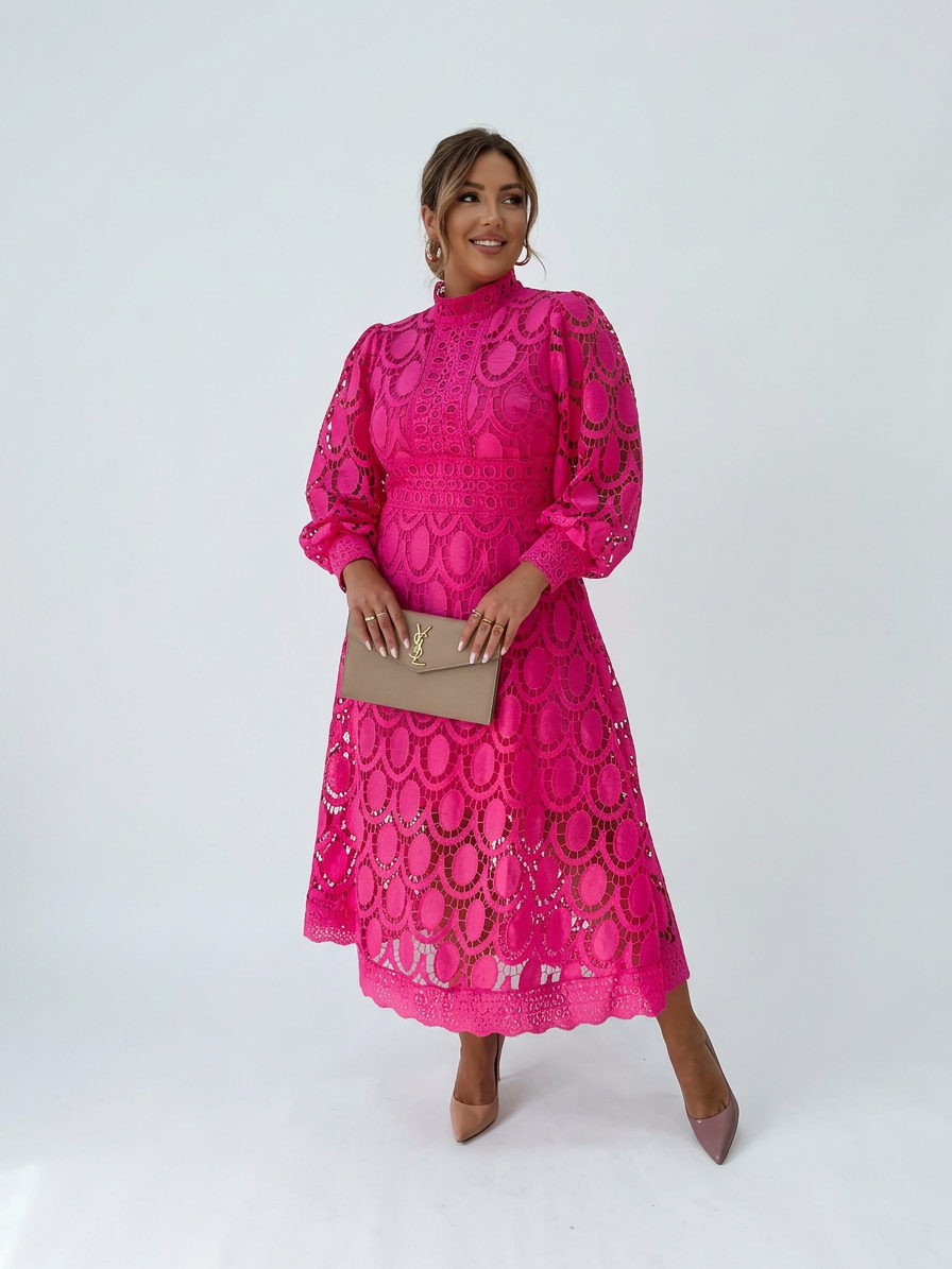 High Neck Crochet Lace Long Puff Sleeve Scalloped A-Line Midi Dress