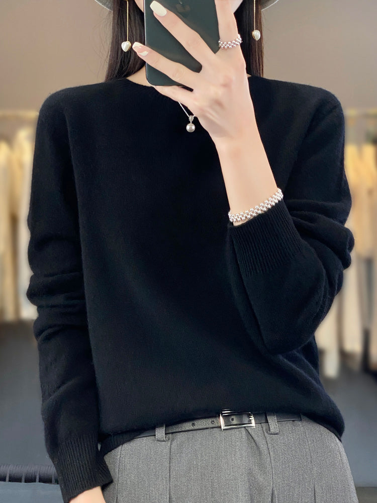 Round Neck Long Sleeve Ribbed Trim Knit Sweater 14