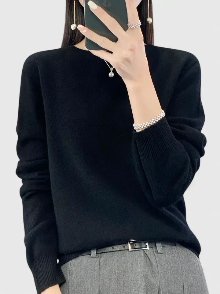 Round Neck Long Sleeve Ribbed Trim Knit Sweater 27