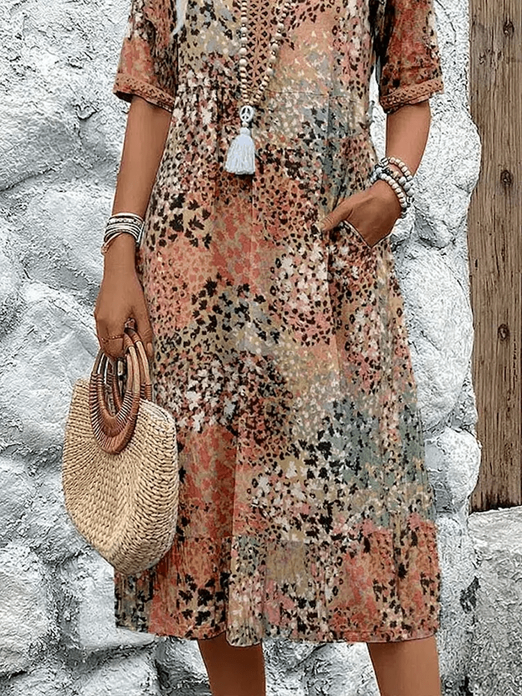 V-Neck Short Sleeve Abstract Speckled Print Tiered Midi Dress