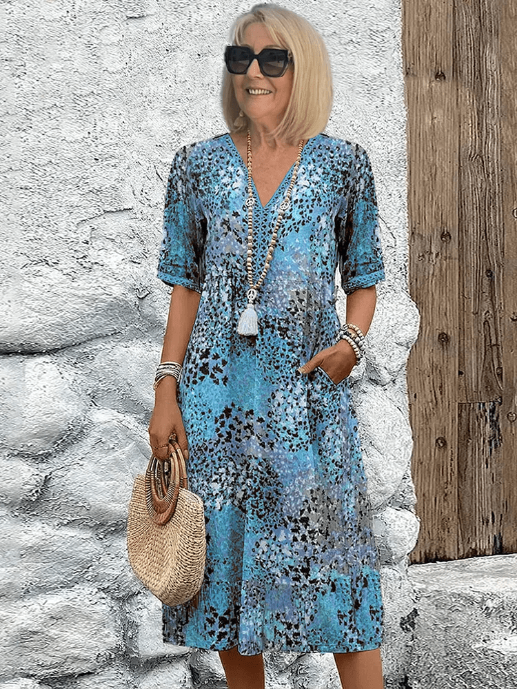 V-Neck Short Sleeve Abstract Speckled Print Tiered Midi Dress