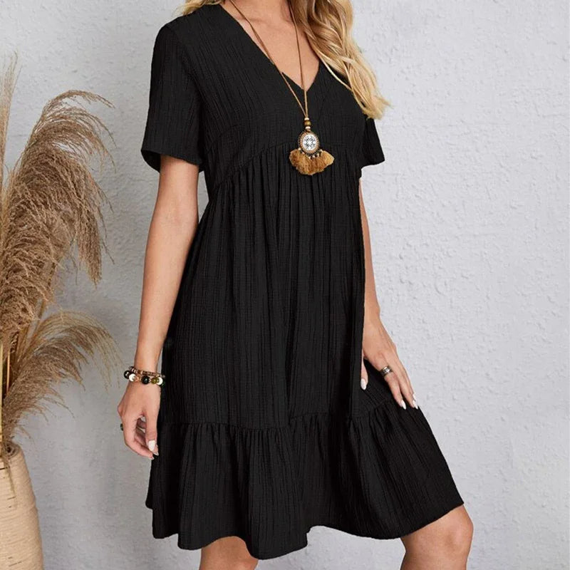 V-Neck Textured Short Sleeve Tiered Ruffle Hem Swing Mini Dress