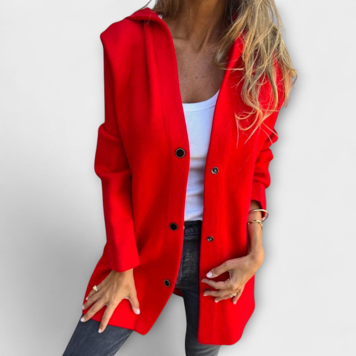 Hooded Snap Button Long Sleeve Pocket Longline Coat
