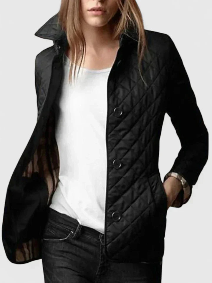 Stand Collar Diamond Quilted Button-Front Long Sleeve Jacket