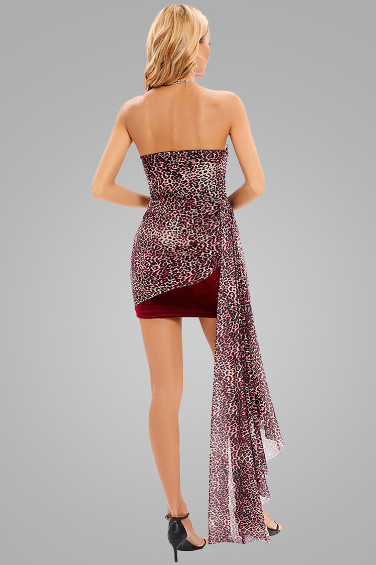 Burgundy Strapless Leopard Mesh Velvet Draped Bodycon Mini Dress 4