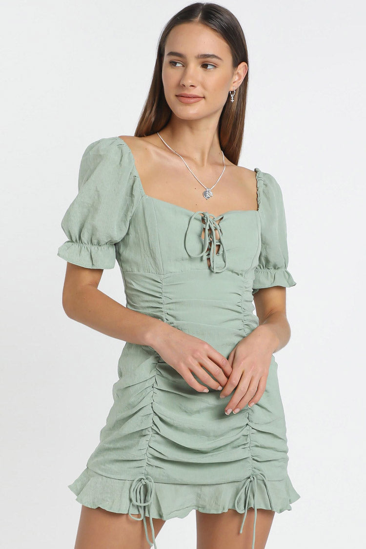 Sage Green Sweetheart Puff Sleeve Lace Up Ruched Ruffle Hem Mini Dress