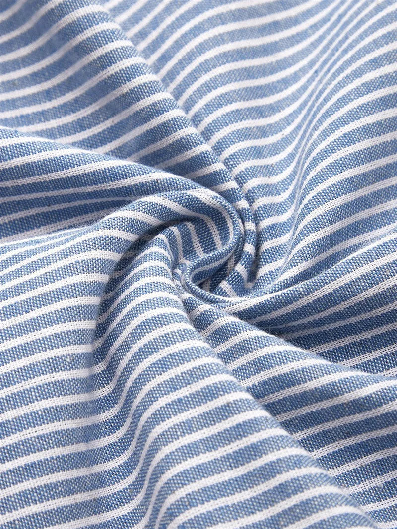 Round Neck Striped Button-Front Short Sleeve Pleated Midi Dress 4