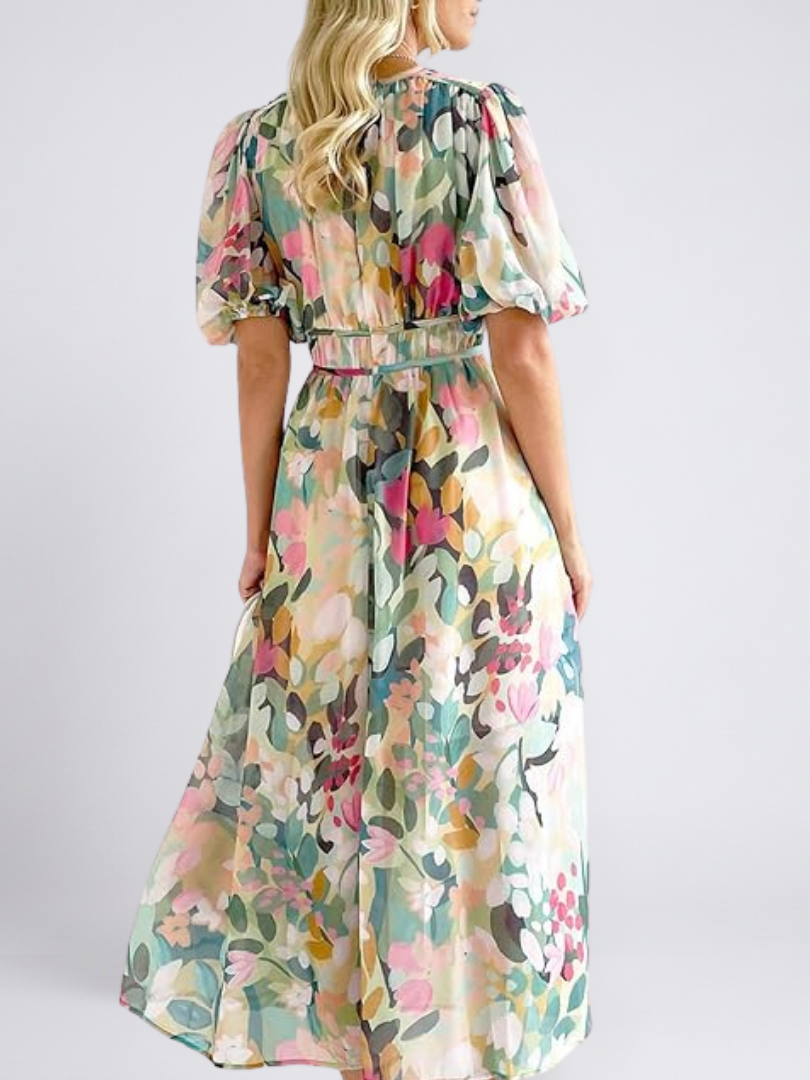 Floral V-Neck Floral Cold Shoulder Puff Sleeve Smocked Waist Maxi Dress 2