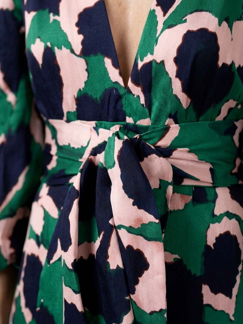 V-Neck Abstract Print Puff Sleeve Tie Waist A-Line Maxi Dress