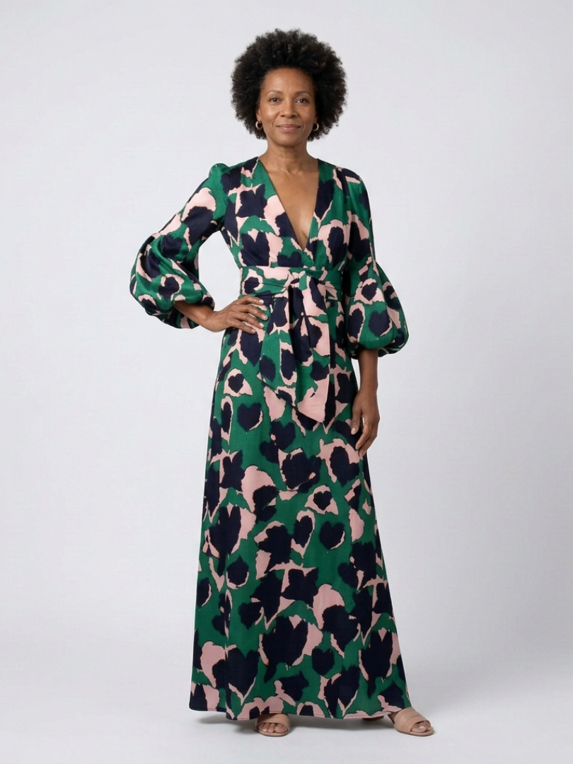 V-Neck Abstract Print Puff Sleeve Tie Waist A-Line Maxi Dress