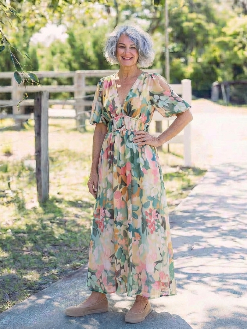 Floral V-Neck Floral Cold Shoulder Puff Sleeve Smocked Waist Maxi Dress 5