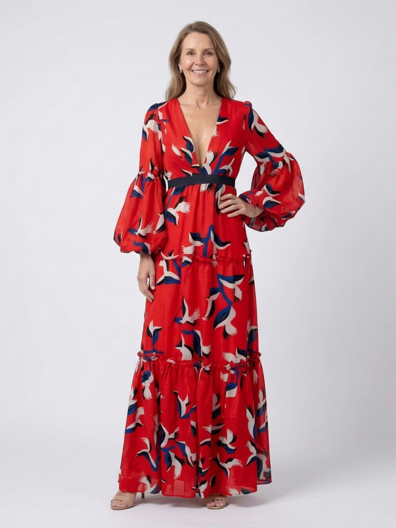 V-Neck Abstract Print Puff Sleeve Tie Waist A-Line Maxi Dress