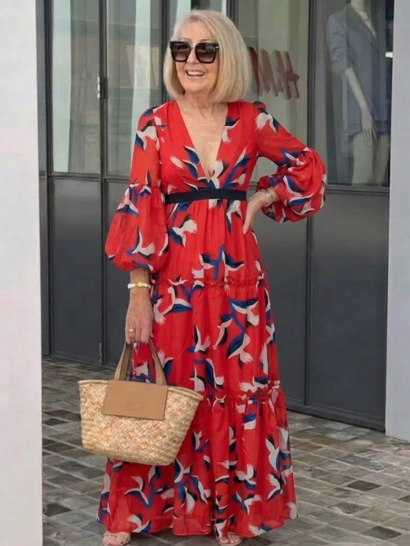 V-Neck Abstract Print Puff Sleeve Tie Waist A-Line Maxi Dress