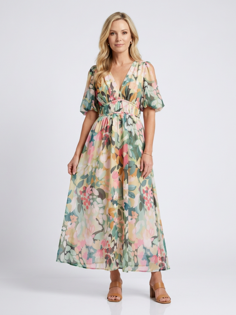 Floral V-Neck Floral Cold Shoulder Puff Sleeve Smocked Waist Maxi Dress