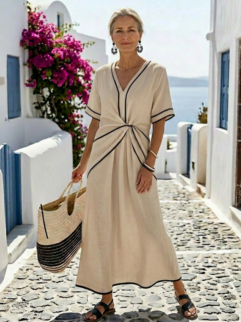 V-Neck Short Sleeve Contrast Trim Twist Front A-Line Maxi Dress