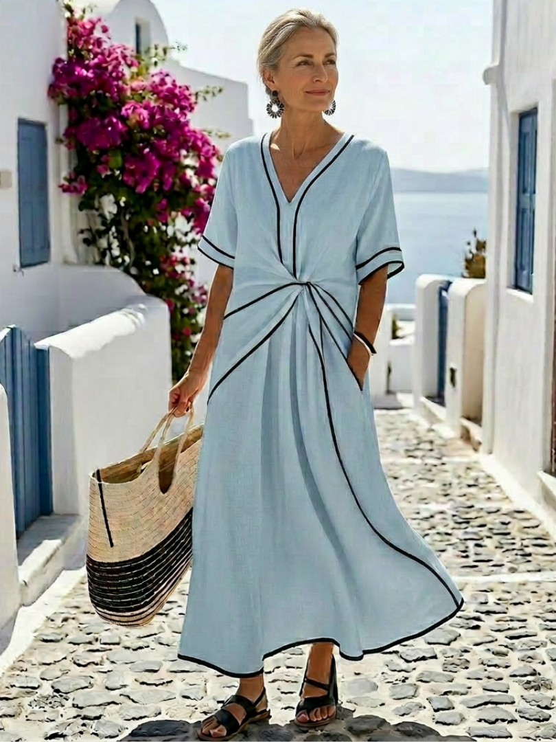 V-Neck Short Sleeve Contrast Trim Twist Front A-Line Maxi Dress