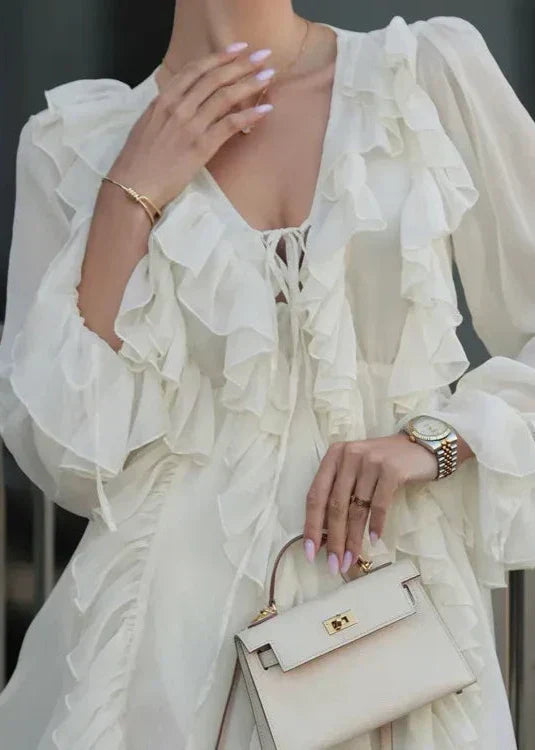 Ruffled V Neck Long Sleeve A Line Dress