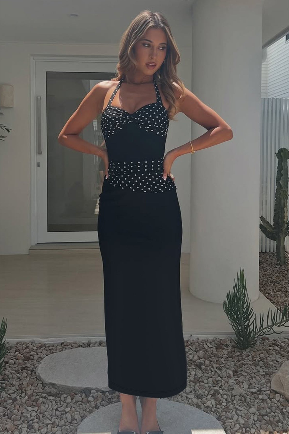 Sexy U Neck Backless Tie Polka Dot Halter Party Dress