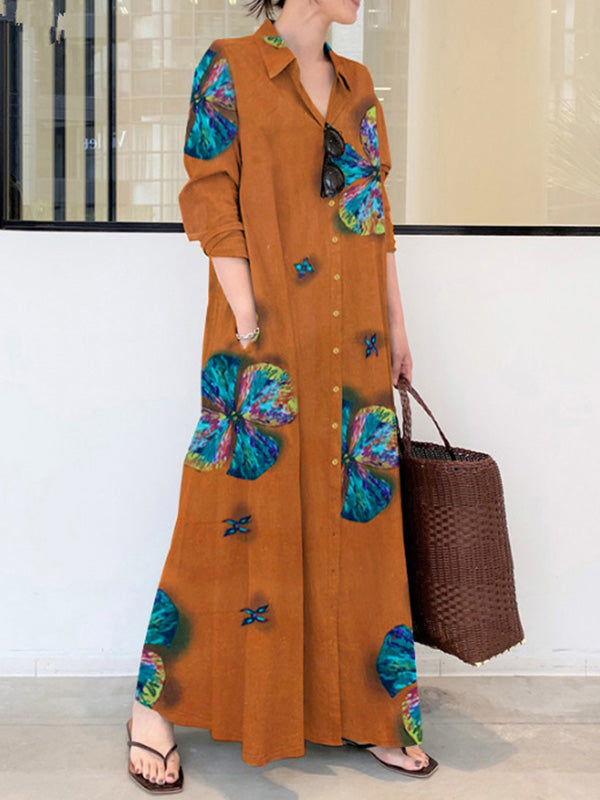 Pointed Collar Button Front Oversized Floral Print Shirt Maxi Dress 2