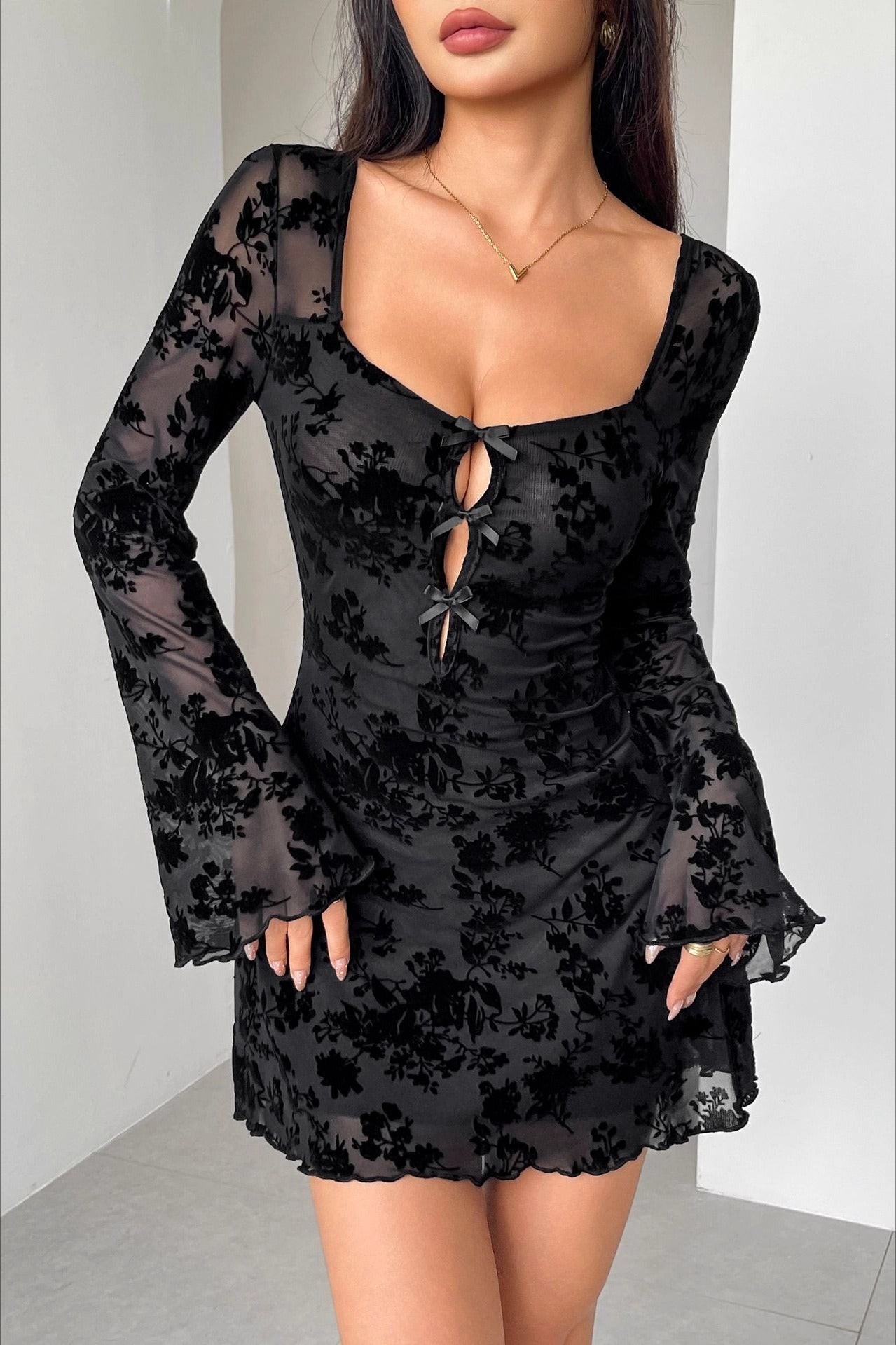 Black Sweetheart Neck Bow Detail Keyhole Flocked Floral Mesh Bell Sleeve Mini Dress 2