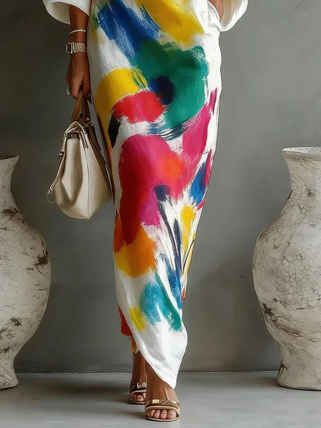 One-Shoulder Long Sleeve Abstract Watercolor Print Column Maxi Dress