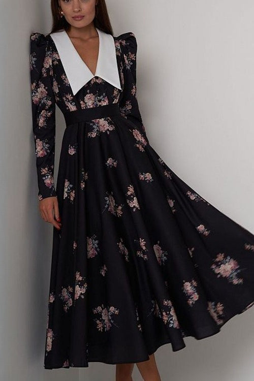 Contrast Collar Puff Sleeve Belted Ditsy Floral Print Midi Dress 2
