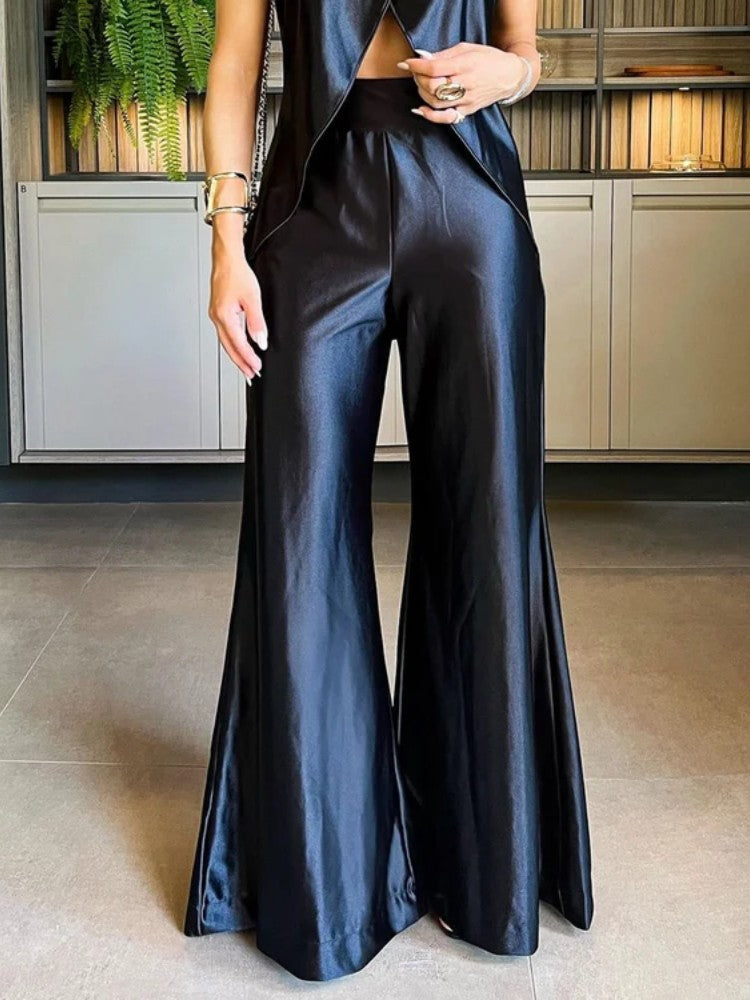Women Sleeveless Tank Split Hem Top and Wide Leg Silk Pants Sets