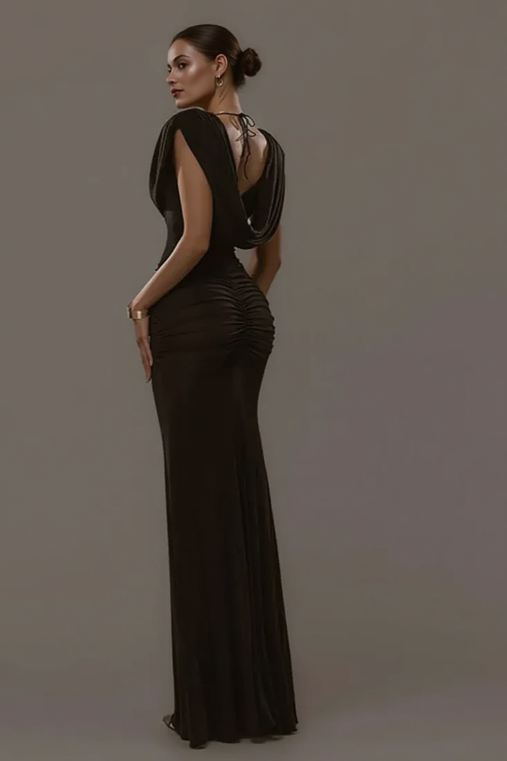 Solid Cowl Neck Ruched Waist Cinch Party Dress