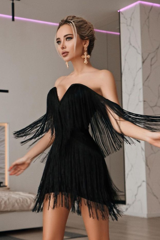 V-Neck Backless Tassel Bodycon Party Dress