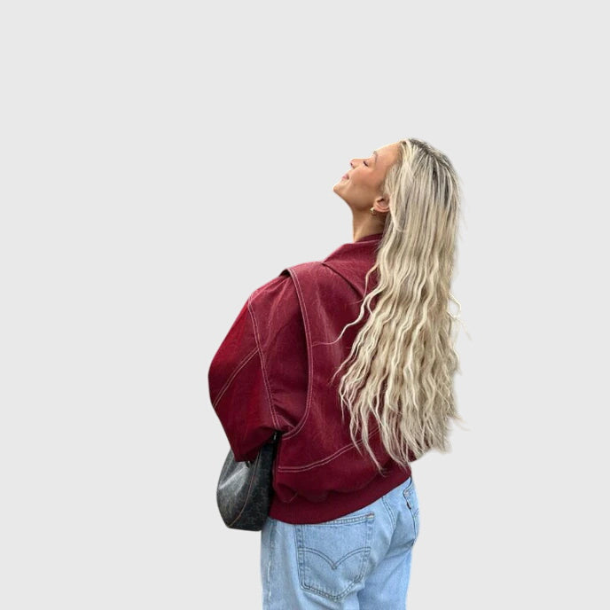 Red Spread Collar Contrast Stitch Oversized Leather Jacket
