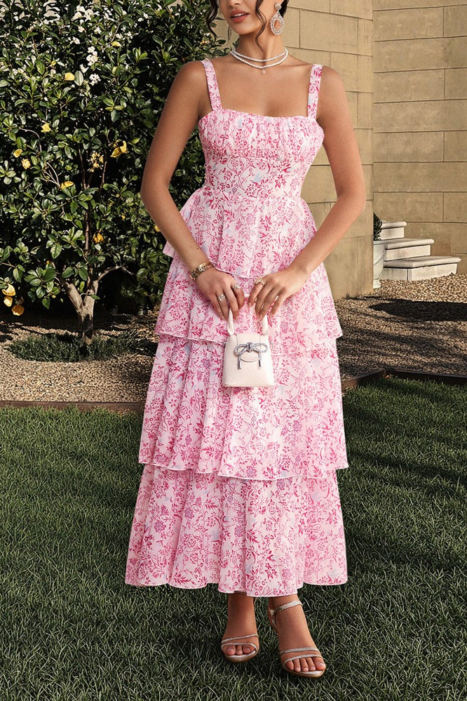 Square Neck Ruched Bust Toile Floral Print Tiered Maxi Dress 4