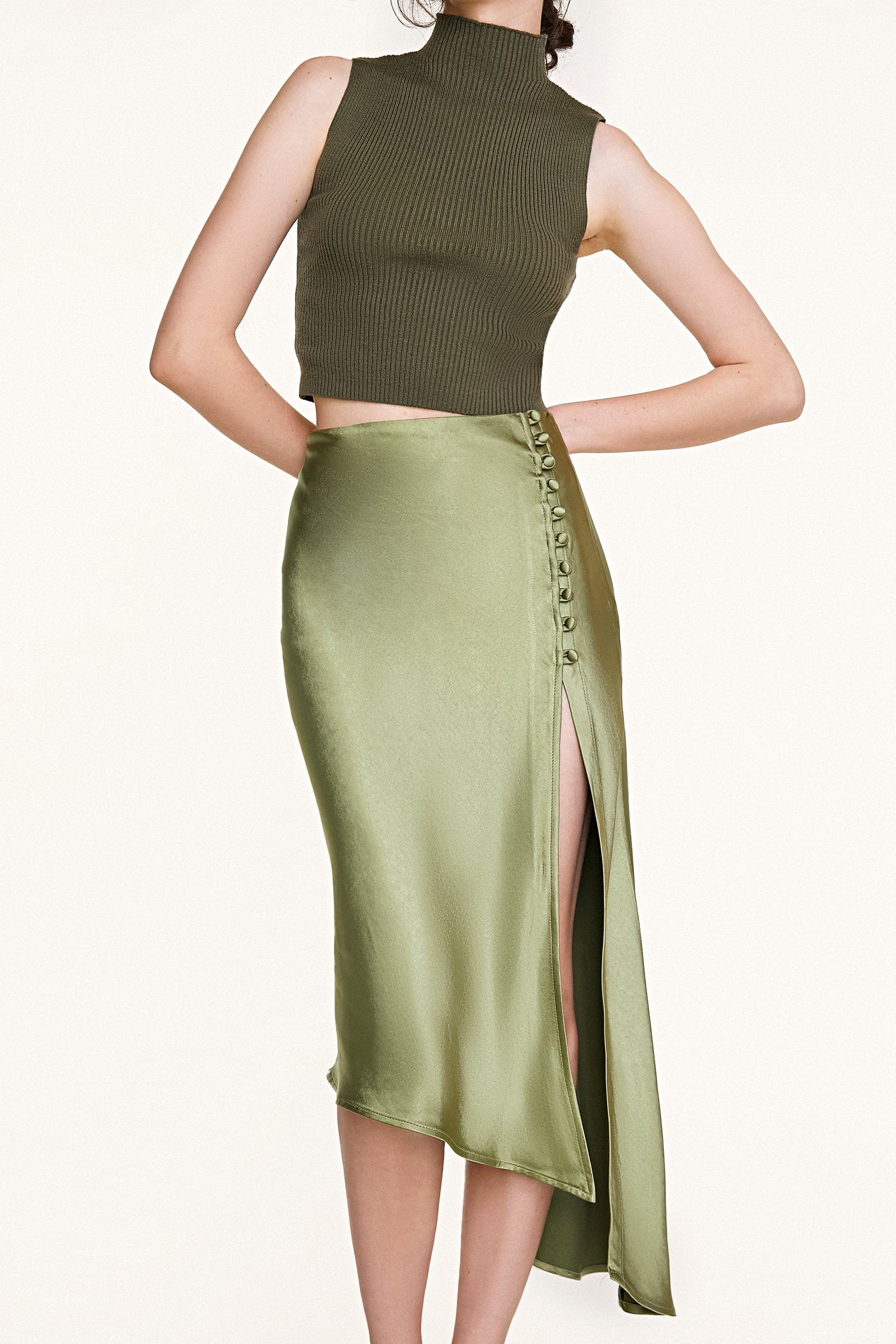 Olive Drab Satin Button Side Asymmetric Midi Skirt
