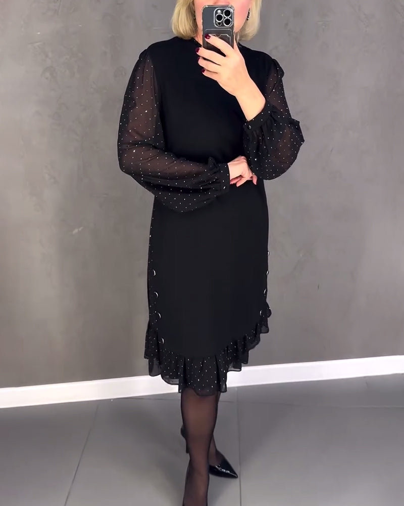 Round Neck Dot Mesh Sleeve Ruffle Hem Shift Midi Dress 8