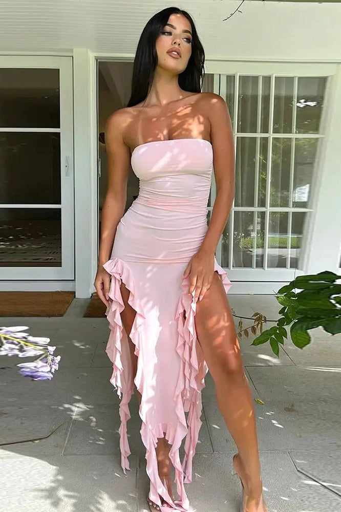 Strapless Ruched Ruffle Trim High Slit Midi Dress 7