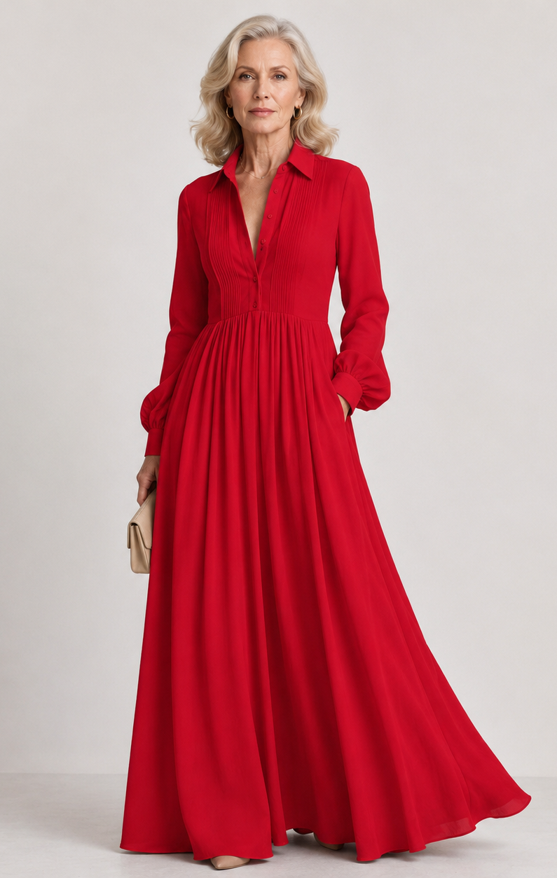 Collared Button-Front Pintuck Pleated Long Sleeve Shirt Maxi Dress