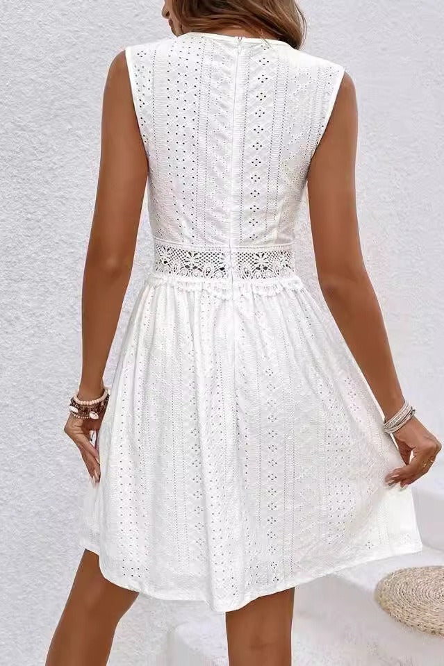 Deep V Neck Crochet Lace Waistband Eyelet Panel A-Line Mini Dress 2