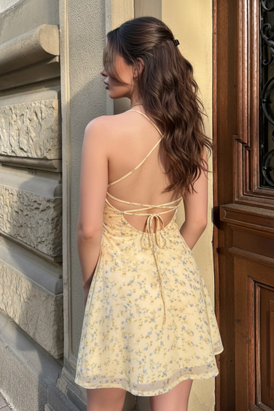 Floral Cross Tie Back Open Mini Slip Dress