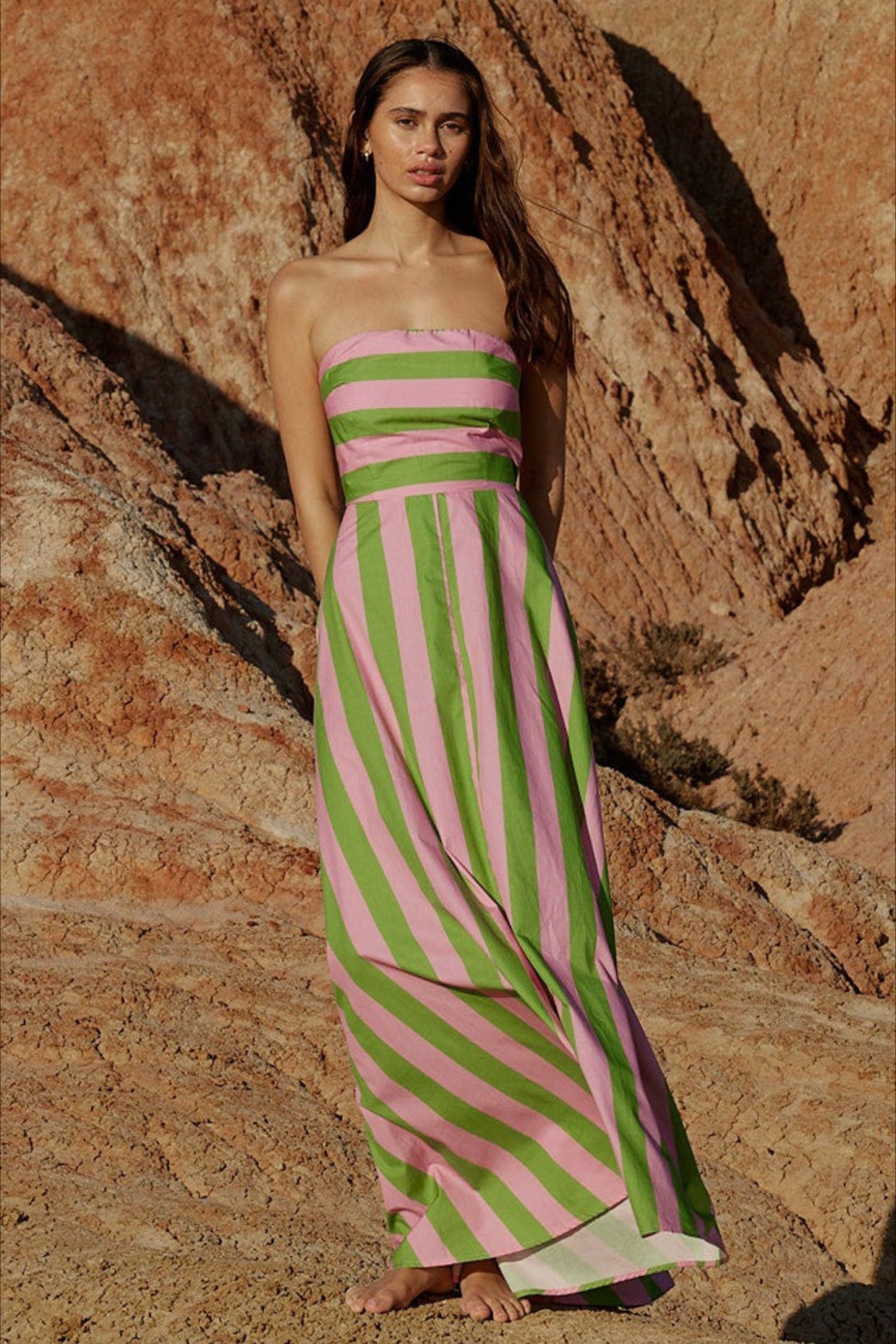 Spaghetti Strap Horizontal Diagonal Stripe A Line Maxi Dress 7