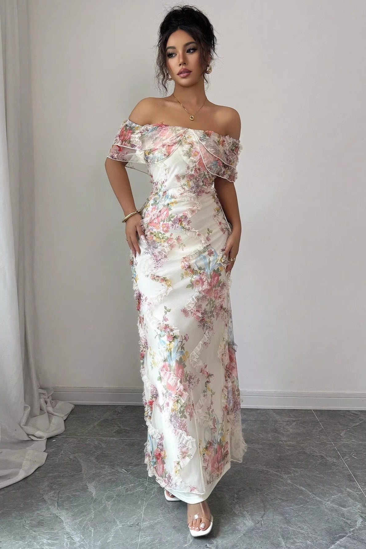 Off Shoulder Bodycon Long Print Floral Dress