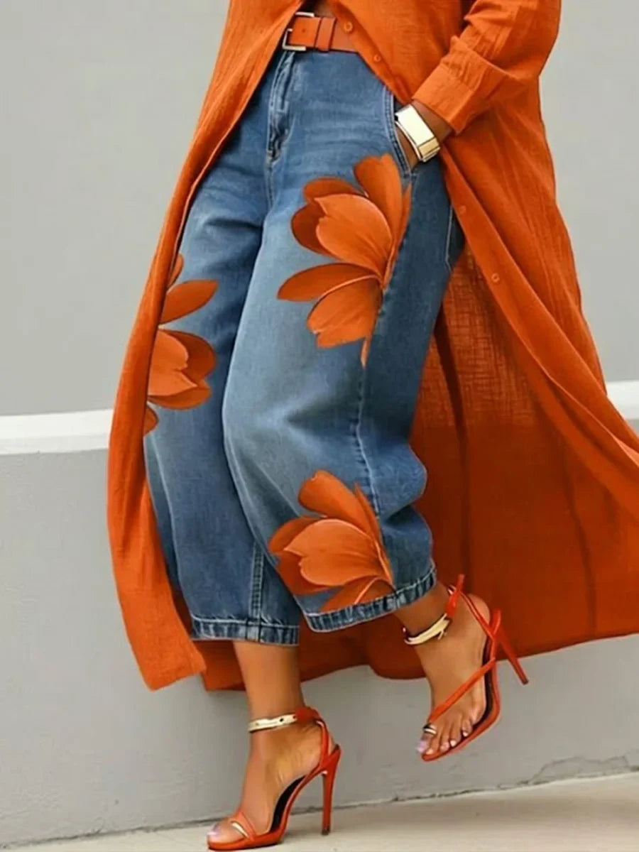 Collared Button Front Longline Shirt and Floral Jeans Set 8