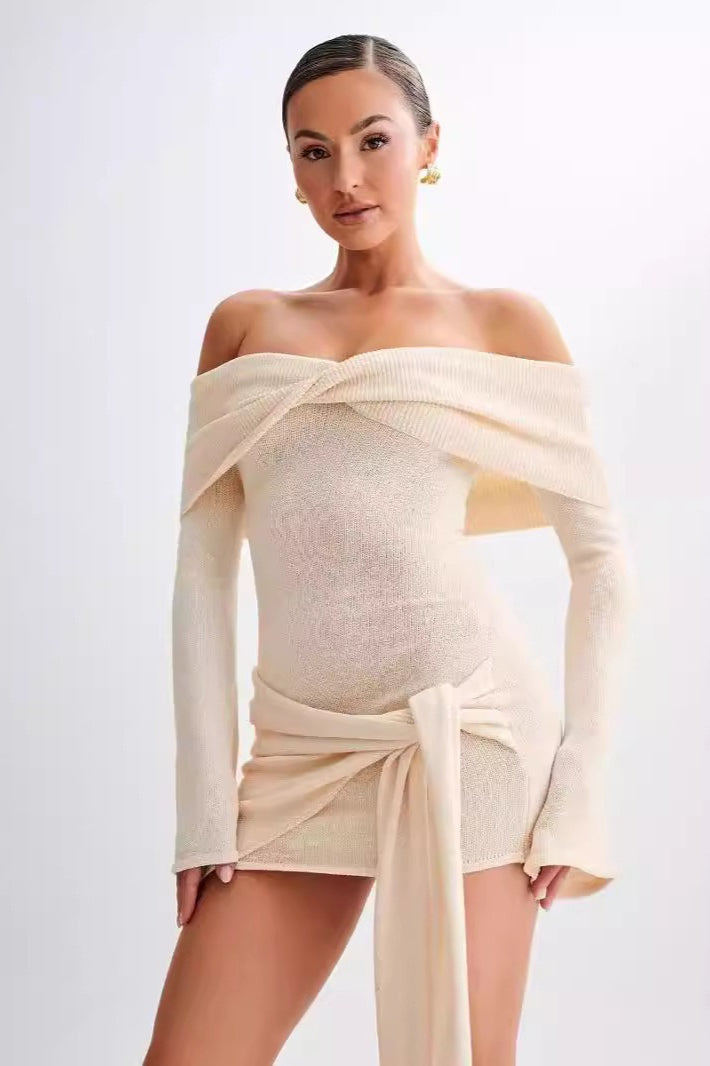 Sheer Spaghetti Strap OffShoulder Fitted Knit Maxi Sweater Dress