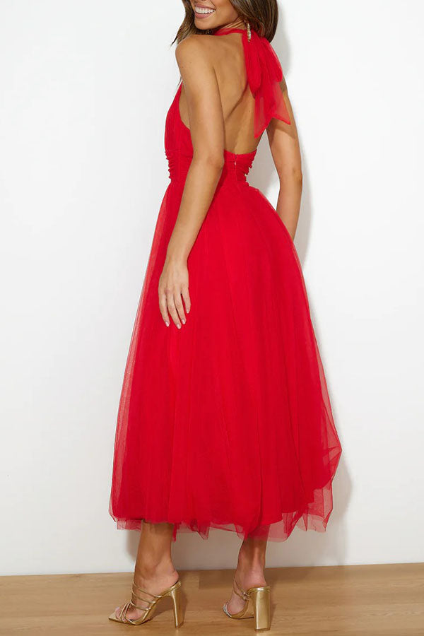 Halter Neck Sleeveless Tulle Fit-and-Flare Maxi Dress