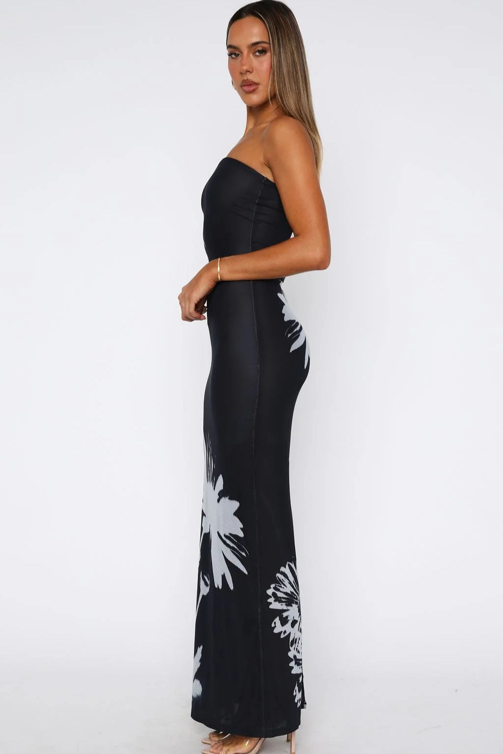 Black Strapless Bodycon Abstract Floral Placement Print Maxi Dress 3
