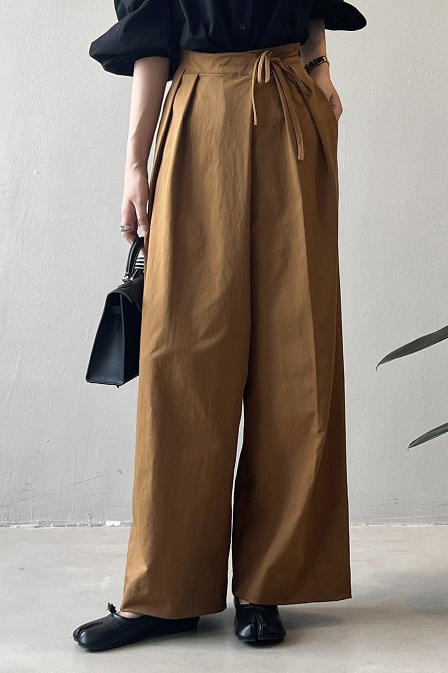 Asymmetrical Placket Tie Relaxed High Waist Long Pants